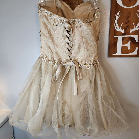 Gold Short Corset Back Jeweled Strapless Formal Dress - Picture 6 of 10